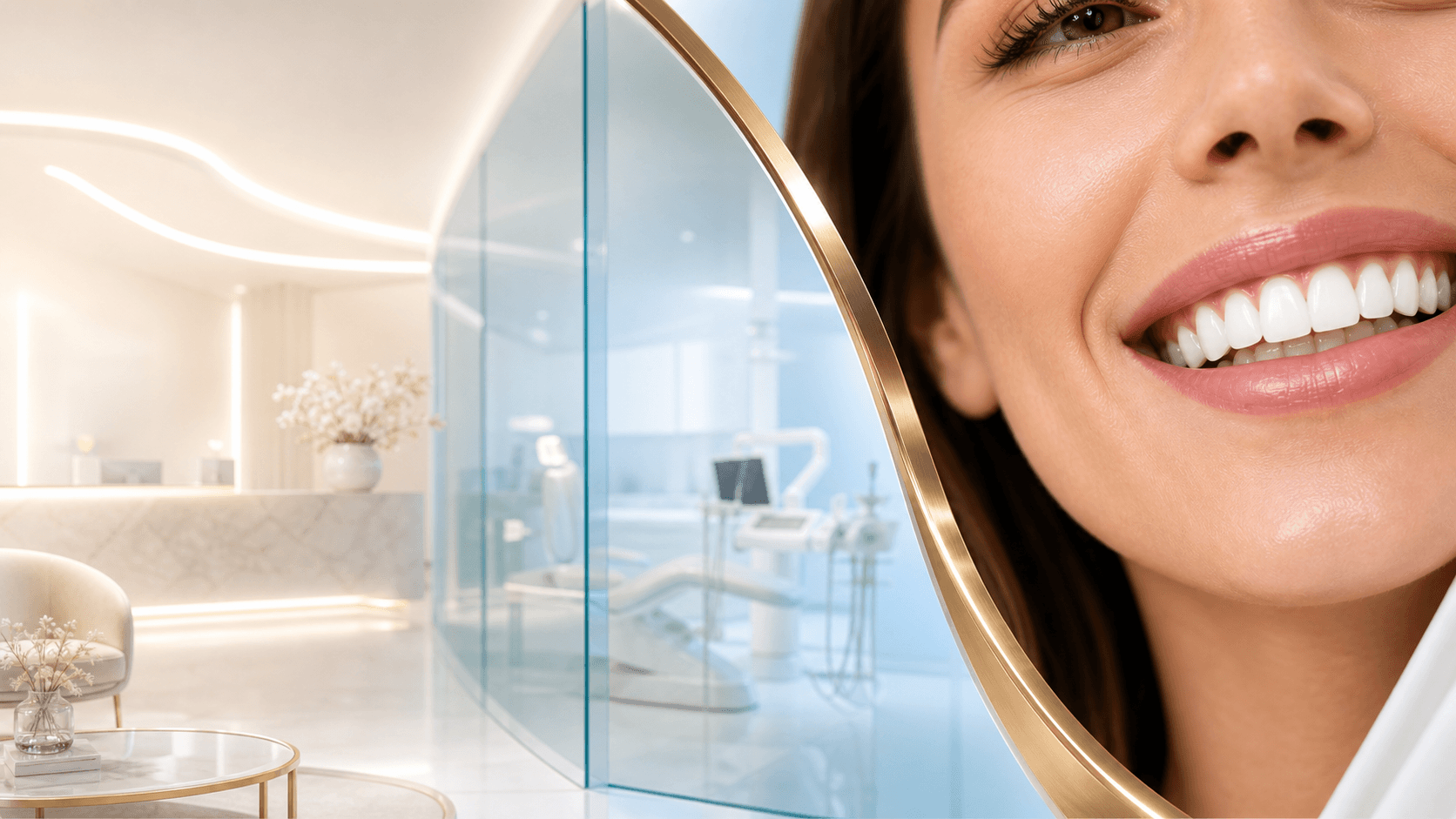 Sonrisa de una paciente reflejada en un espejo dentro de una clínica odontológica